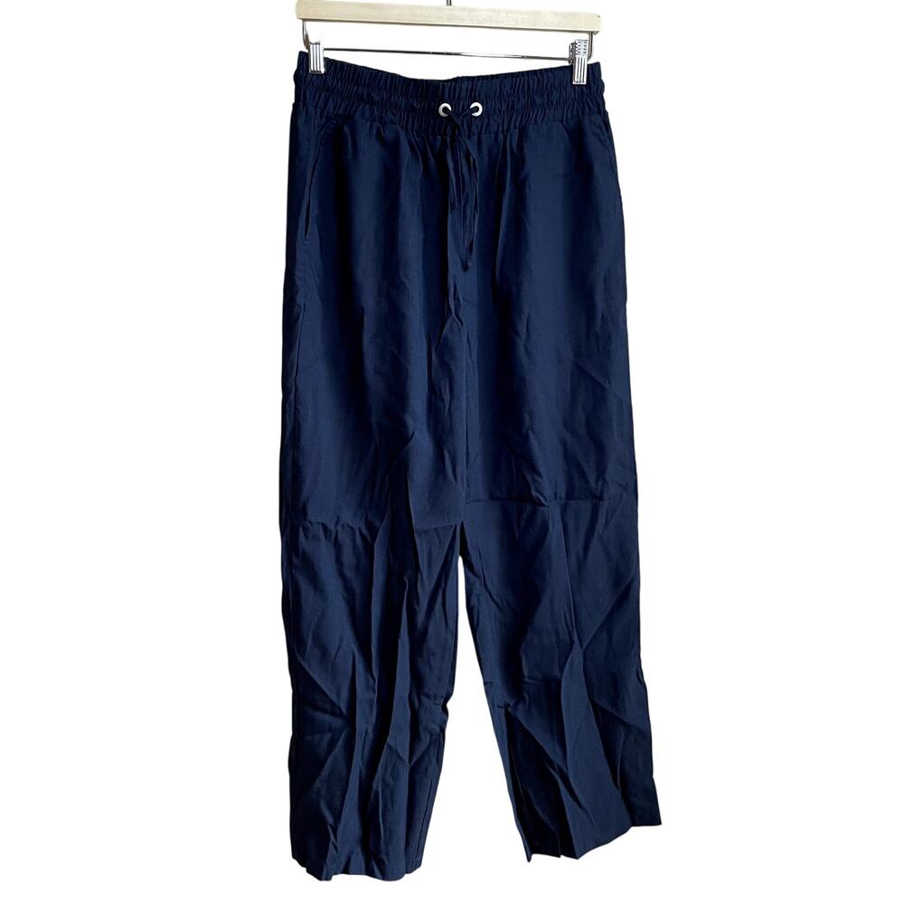 women's linen nylon blend‎ navy elastic drawstring waist wide leg jogger pants L